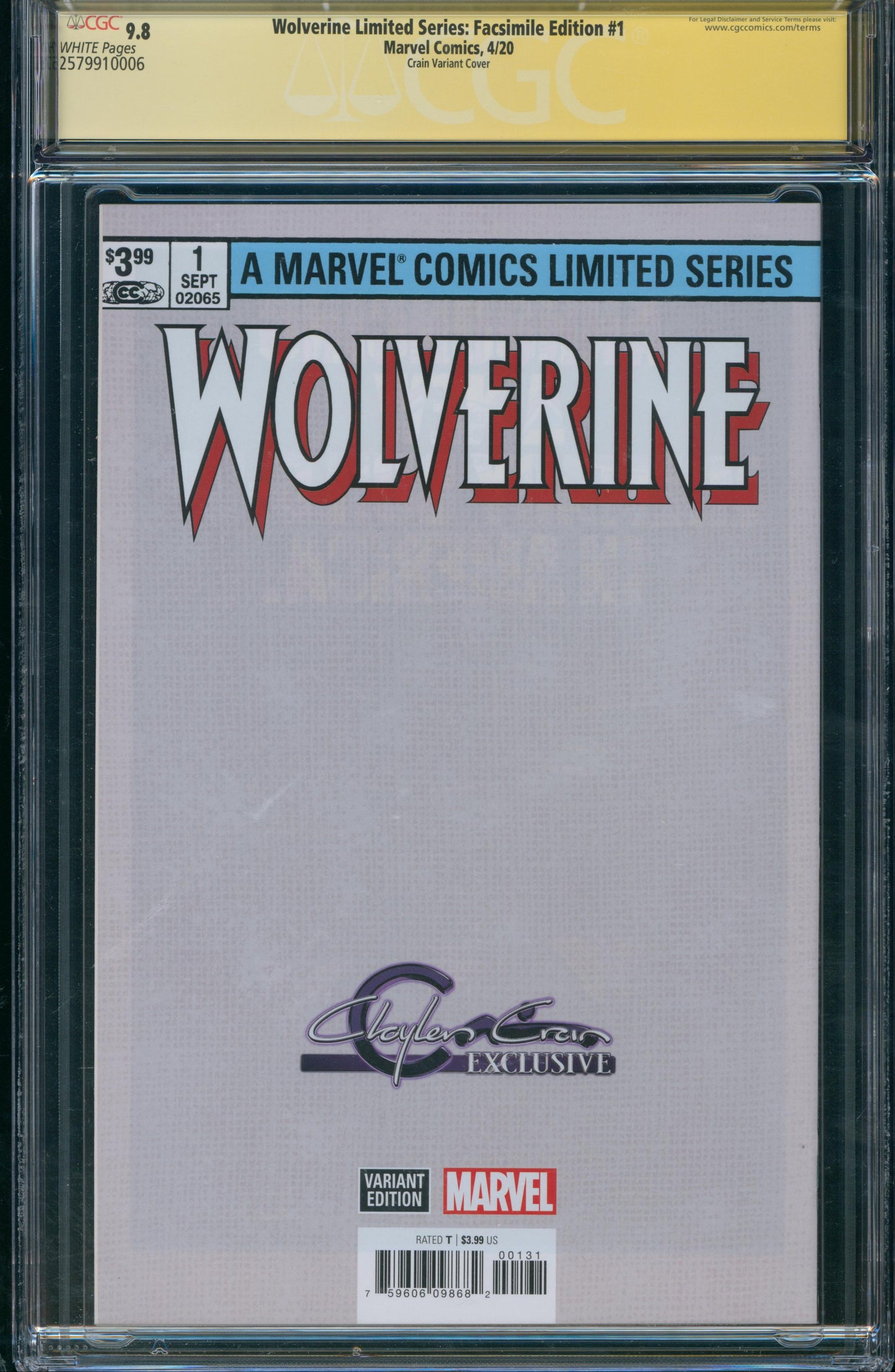 Wolverine Limited Series: Facsimile Edition #1 CGC 9.8 Signature Series - SIGNED & SKETCH BY CLAYTON CRAIN - Crain Variant Cover