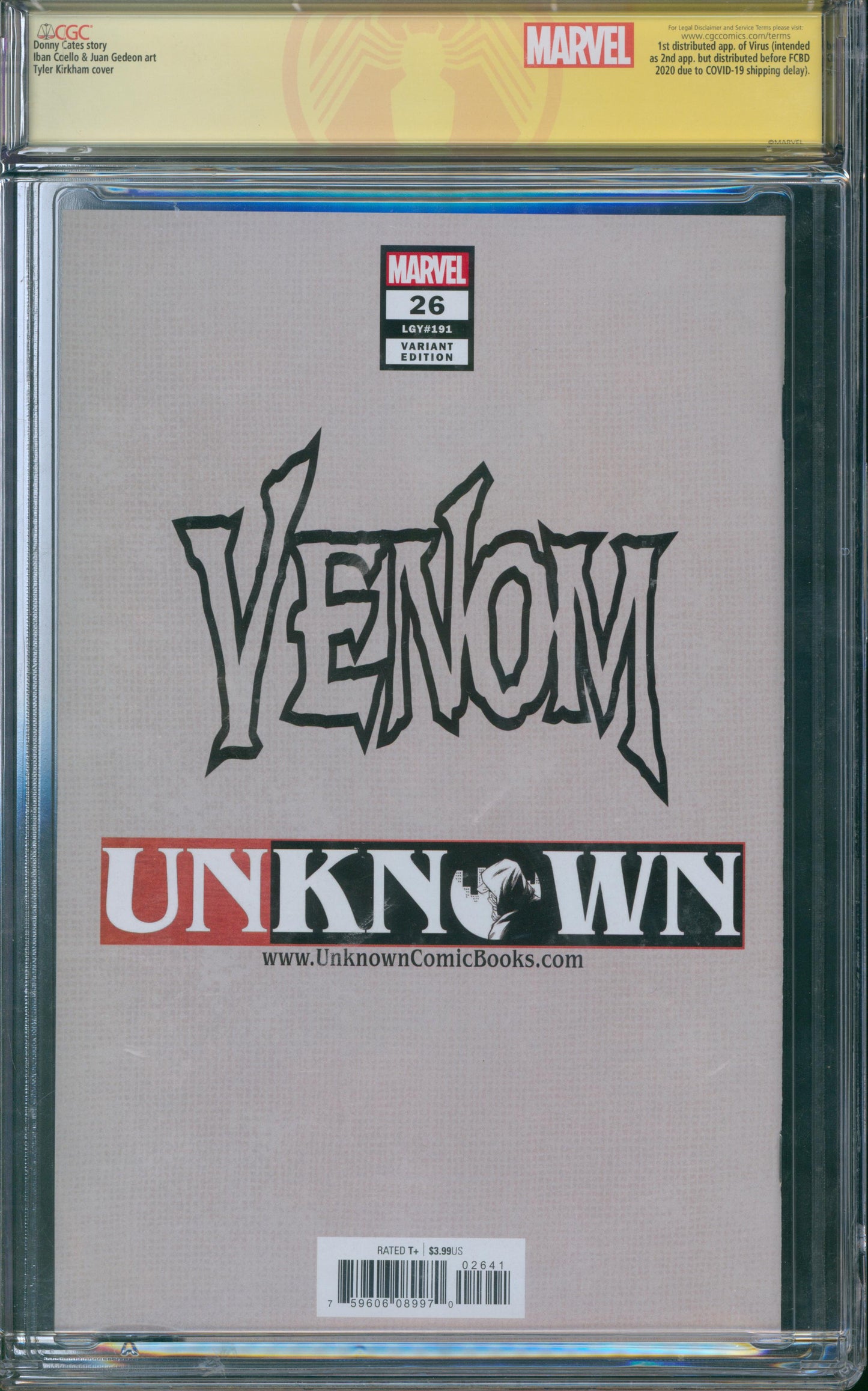 Venom #26 CGC 9.8 Signed TYLER KIRKHAM Unknown Comics "Virgin" Edition