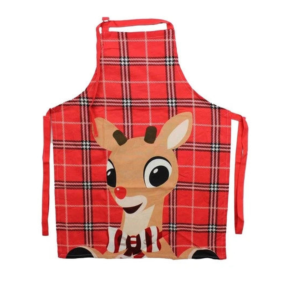 Product image - Bioworld Rudolph the Red-Nosed Reindeer red plaid Christmas kitchen apron with neck strap and waist ties
