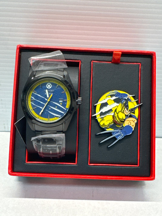 Citizen Men's Eco-Drive Marvel Wolverine Black Ion Plated Watch with Black Leather Strap and Pin Gift Set,Blue Dial, Luminous Hands, 42mm (Model: AW1435-66W)