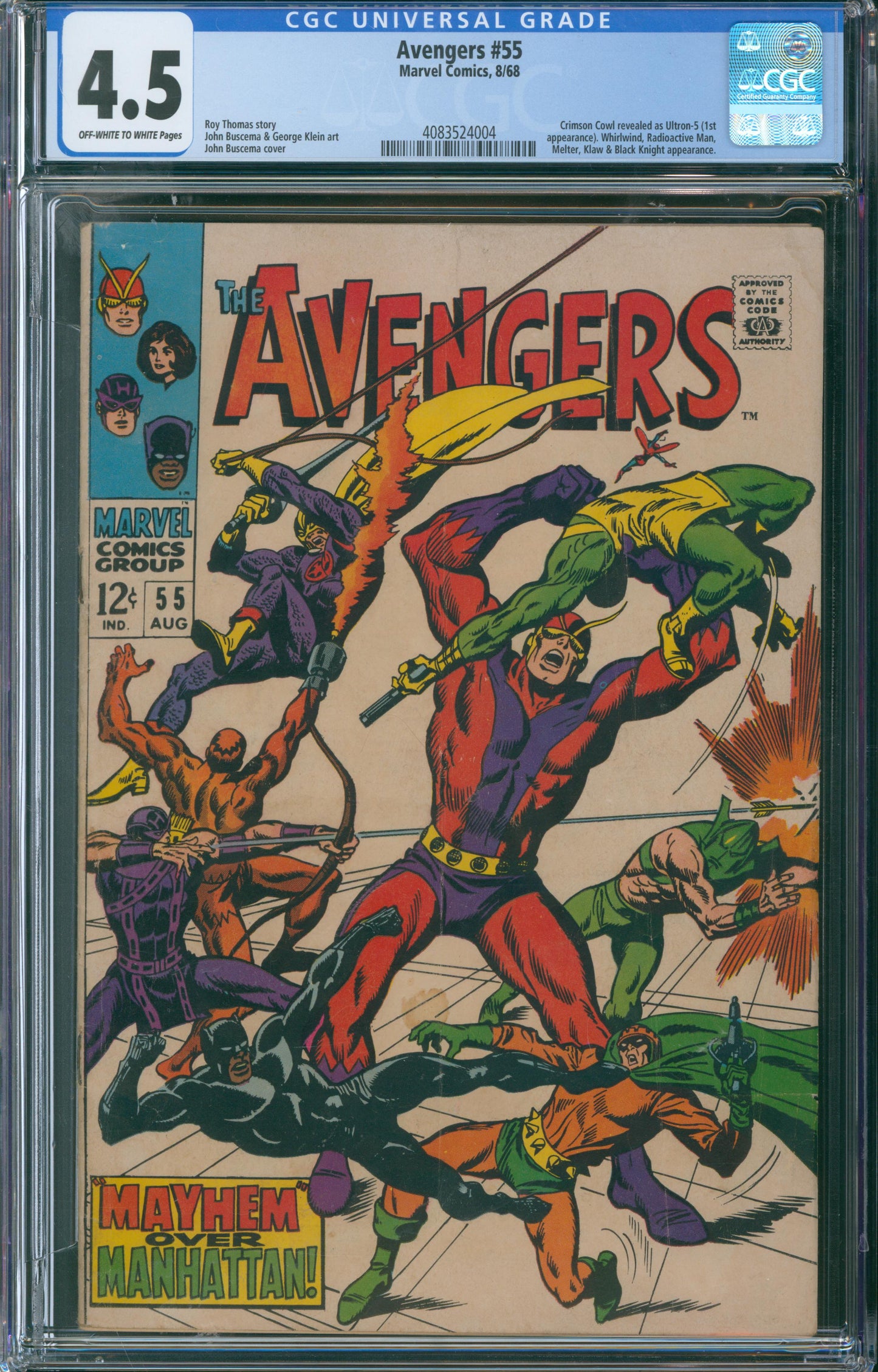 Avengers #55 CGC 4.5 - Crimson Cowl Revealed As Ultron-5 (1st Appearance) - 1968