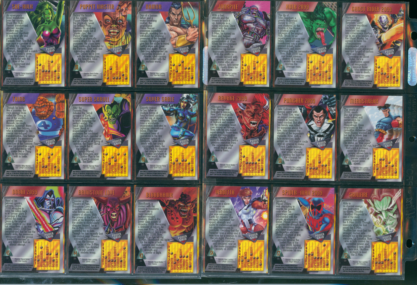 A 16-card collectible card set displayed in a black plastic protective sleeve, featuring various colorful comic book character cards with yellow text boxes.