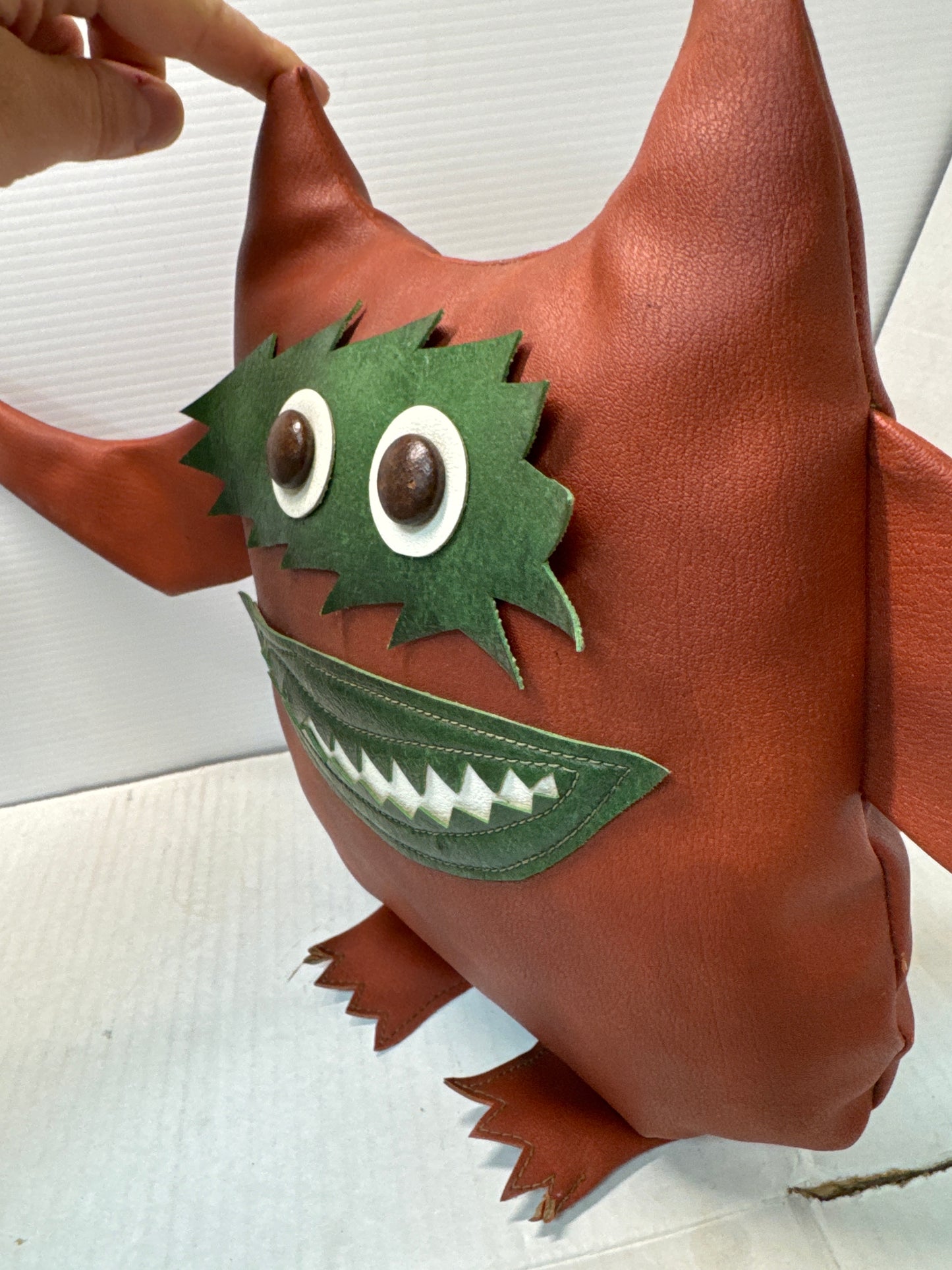 Vintage Style Nauga Monster Doll – Brown Naugahyde with Green Face Details – Unmarked, Excellent Condition