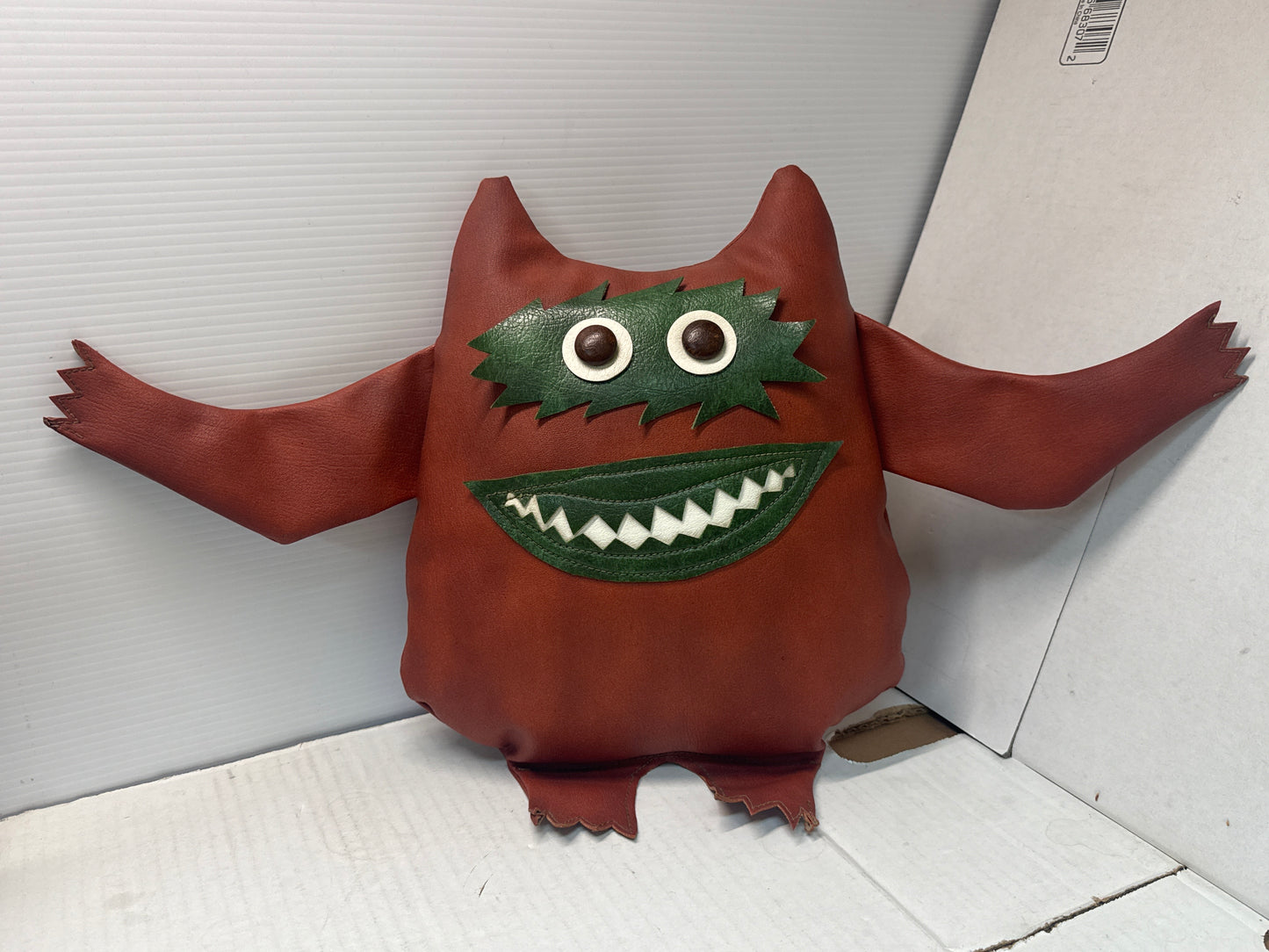 Vintage Style Nauga Monster Doll – Brown Naugahyde with Green Face Details – Unmarked, Excellent Condition