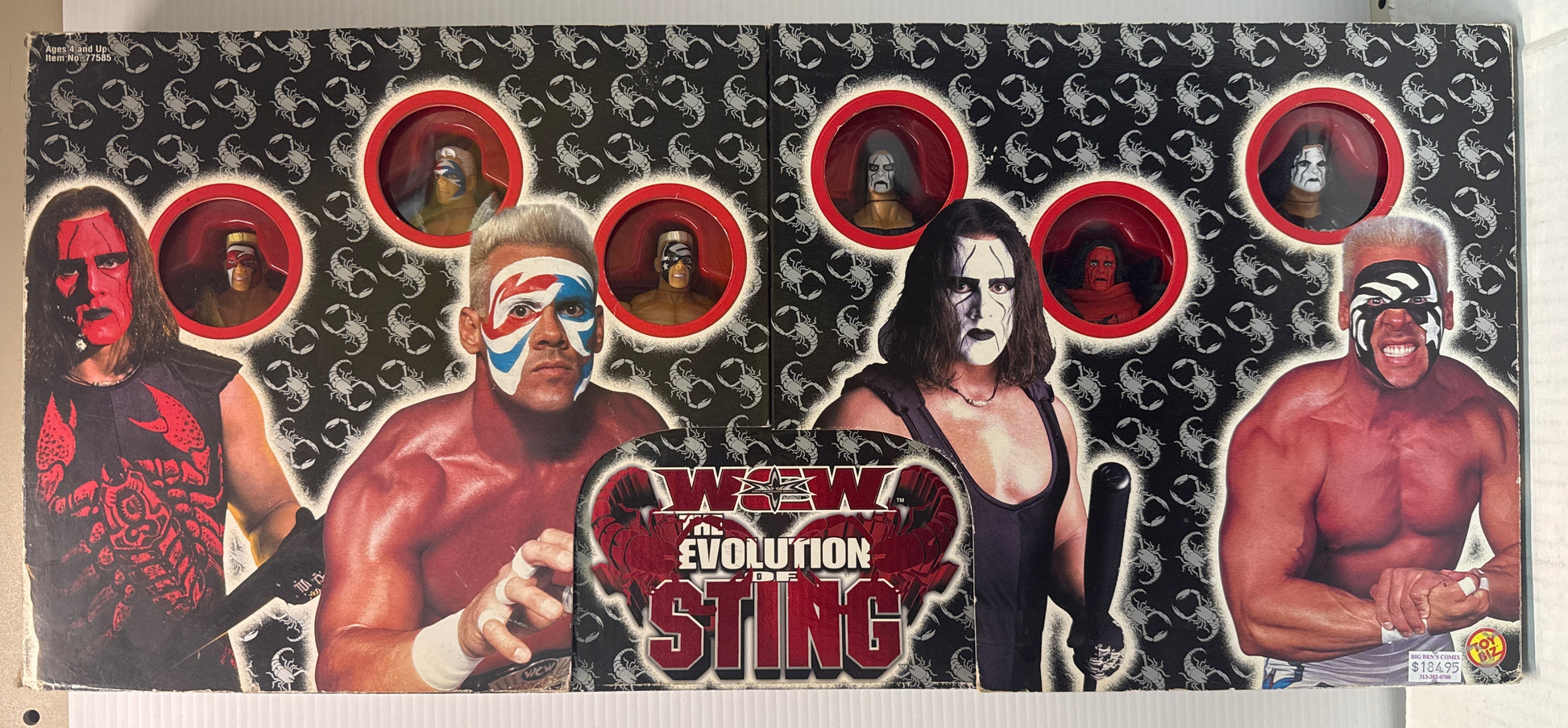 Wrestling figure packaging with graphics and text on a white surface