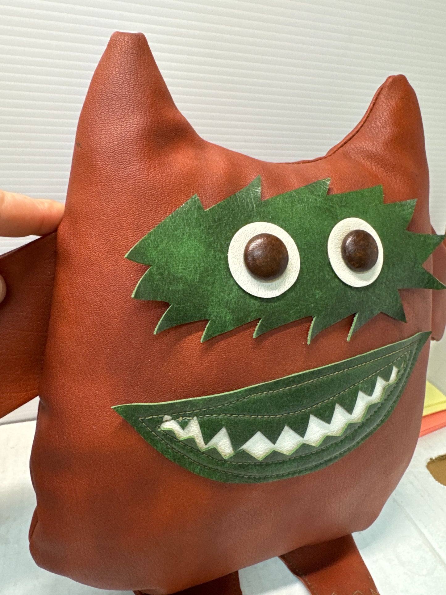 Vintage Style Nauga Monster Doll – Brown Naugahyde with Green Face Details – Unmarked, Excellent Condition