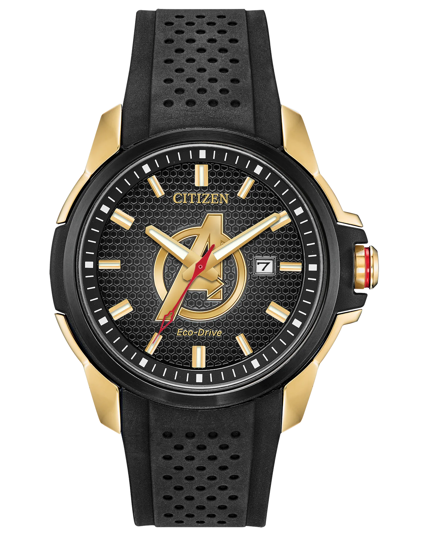 Citizen Men's Eco-Drive Marvel Avengers Watch, Gold Tone with Black Silicone Strap, 3-Hand Date, 44mm (Model: AW1155-03W)