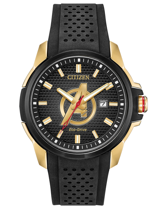 Citizen Men's Eco-Drive Marvel Avengers Watch, Gold Tone with Black Silicone Strap, 3-Hand Date, 44mm (Model: AW1155-03W)