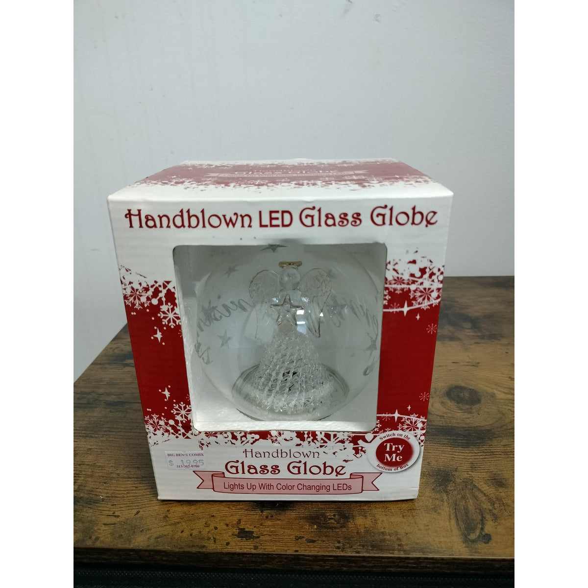 Actual item: TGC handblown glass angel Christmas globe in retail window box, front view