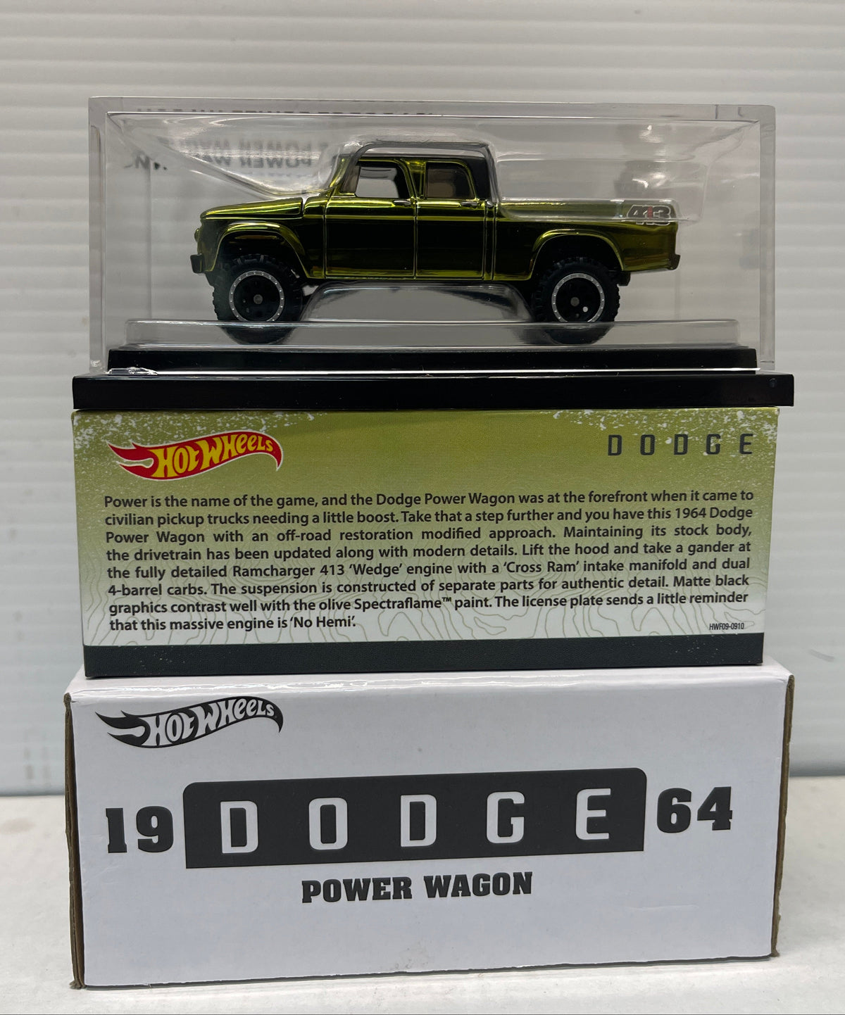 Hot Wheels RLC '64 DODGE POWER WAGON TRUCK Acrylic display *OLIVE* Exclusive