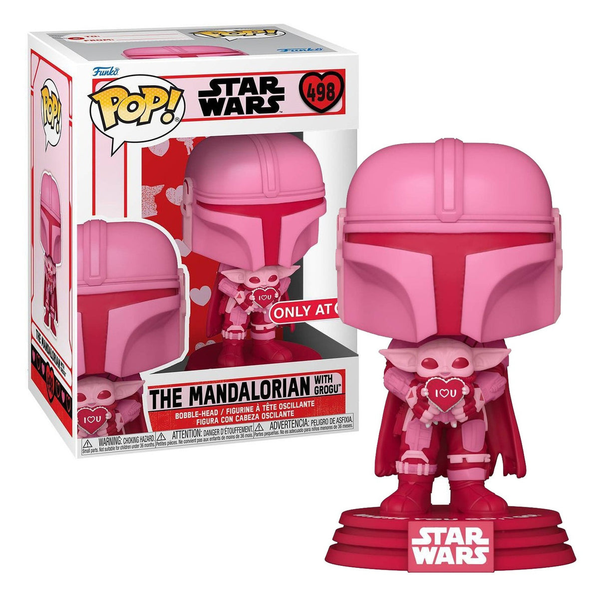 Stock photo - Funko Pop Star Wars Valentine's Day The Mandalorian with Grogu 498, pink figure and retail box; sticker may vary