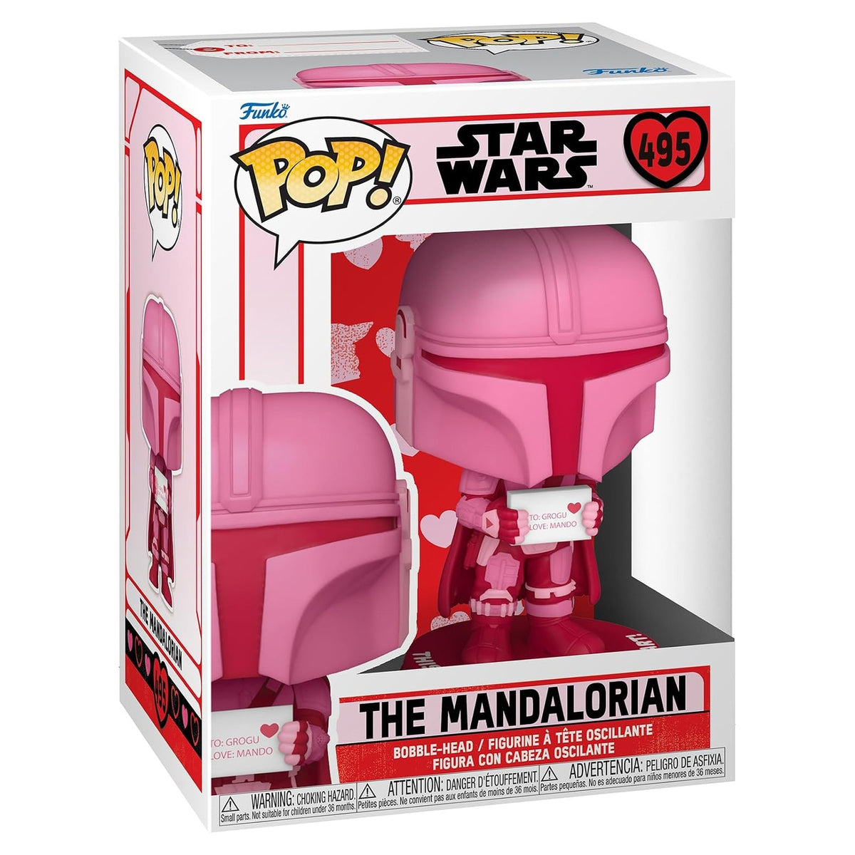Stock photo - Funko Pop Star Wars Valentine's Day The Mandalorian 495 pink vinyl bobblehead, boxed view