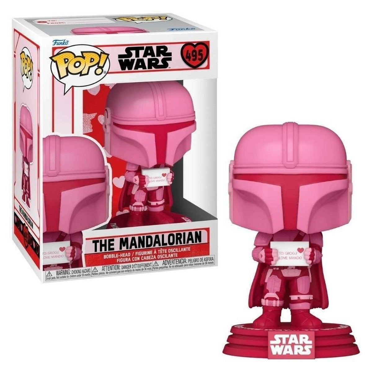 Stock photo - Funko Pop Star Wars Valentine's Day The Mandalorian 495 pink vinyl bobblehead, figure and packaging
