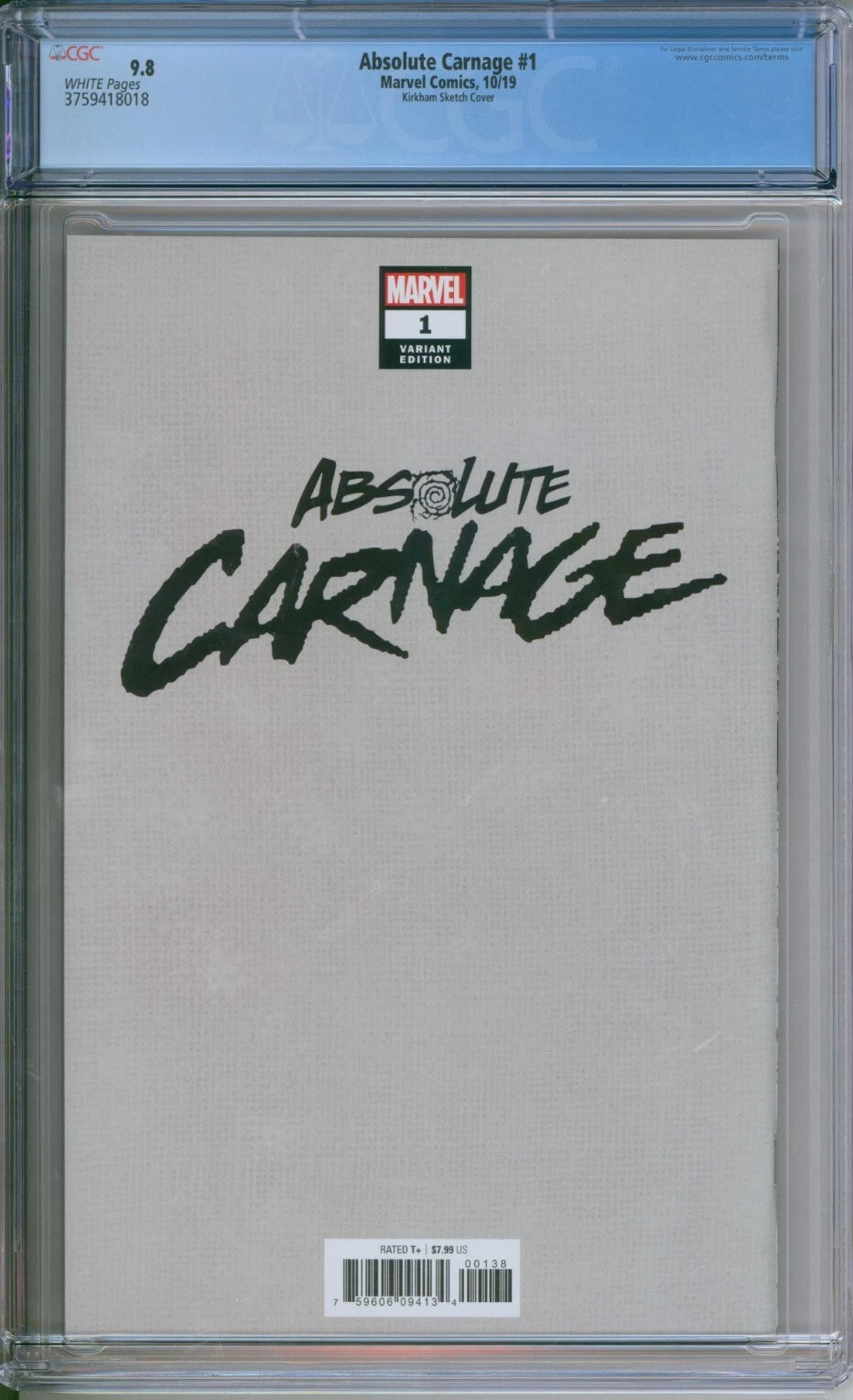 Marvel Comics Absolute Carnage #1 CGC 9.8 Kirkham Sketch Edition