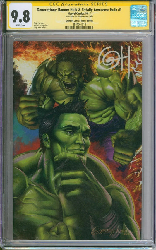 Generations: Banner Hulk & Totally Awesome Hulk #1 CGC Signature Series 9.8 Signed Greg Horn (Copy)