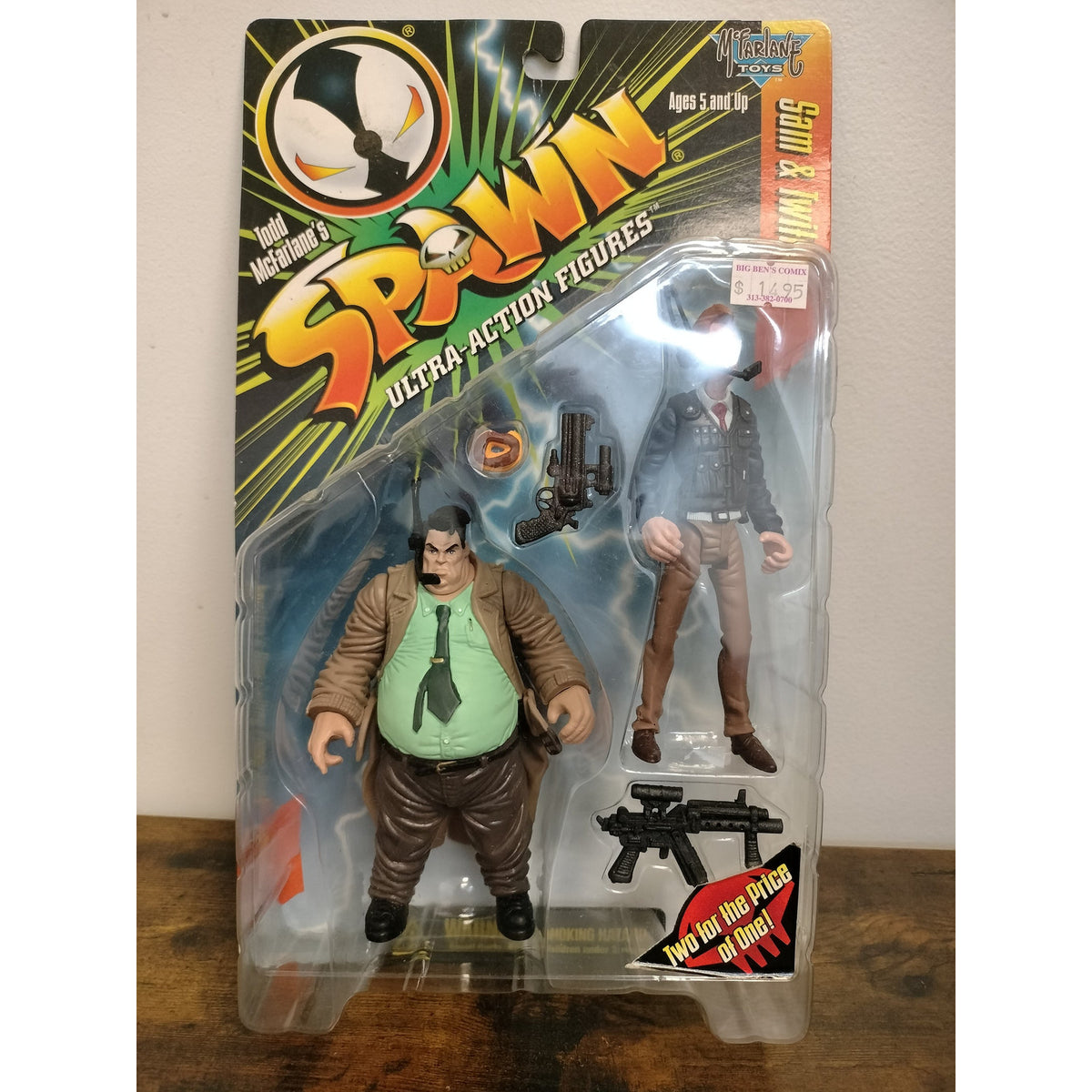 Actual 1996 McFarlane Spawn Sam and Twitch headset variant sealed two-pack, front view