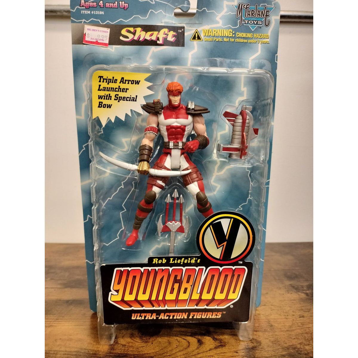 Actual 1995 Youngblood Series 1 Shaft sealed figure, bow and triple-arrow launcher