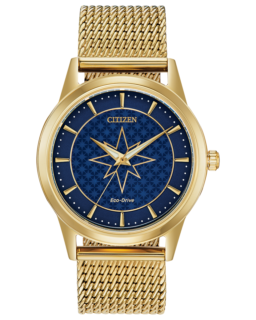 Eco Drive Captain Marvel Gold Tone Mesh Watch with Blue Dial Big Ben s Comix Oasis
